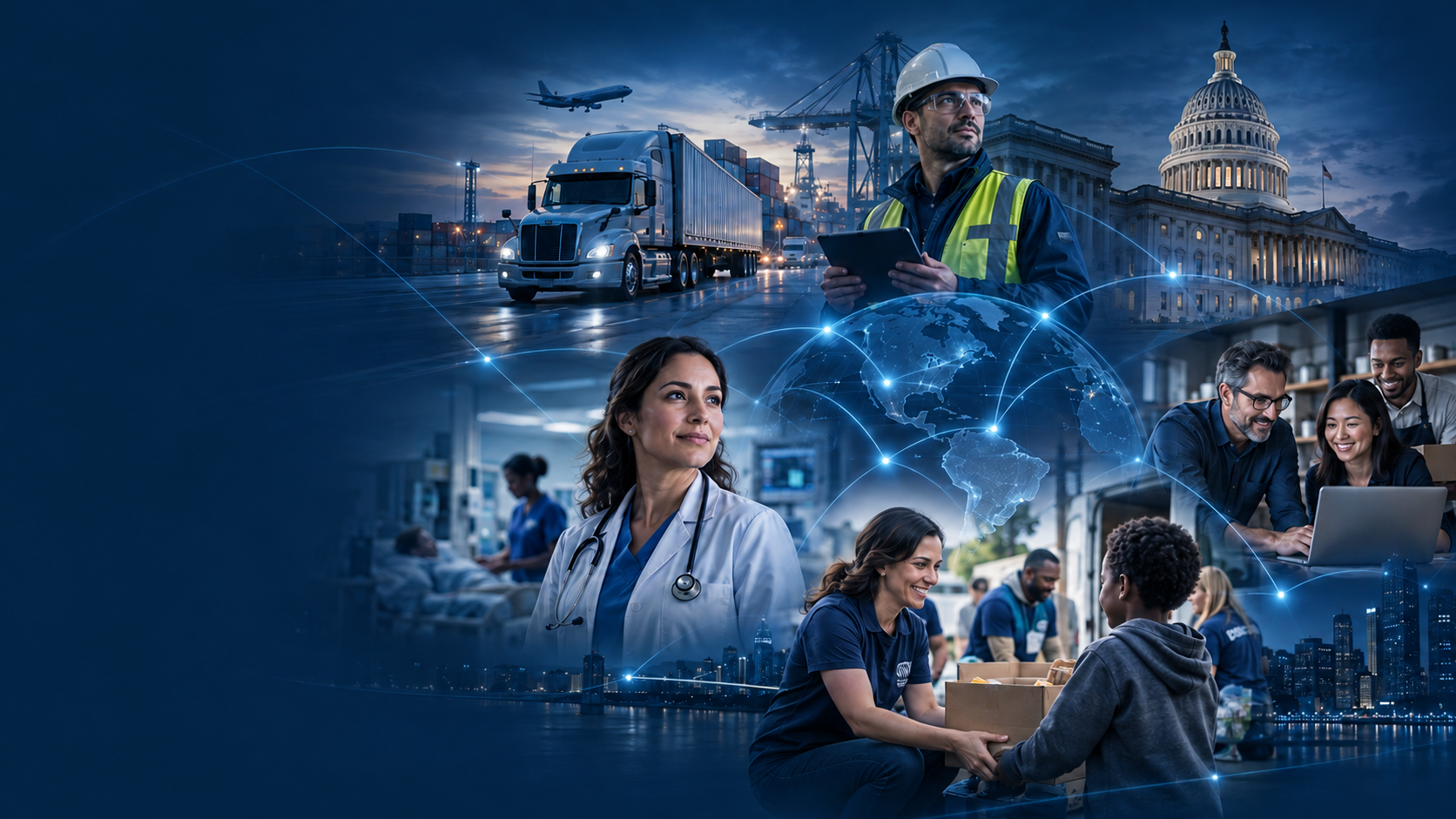 Connected industries including transportation, workforce safety, government, healthcare, nonprofit service, and business